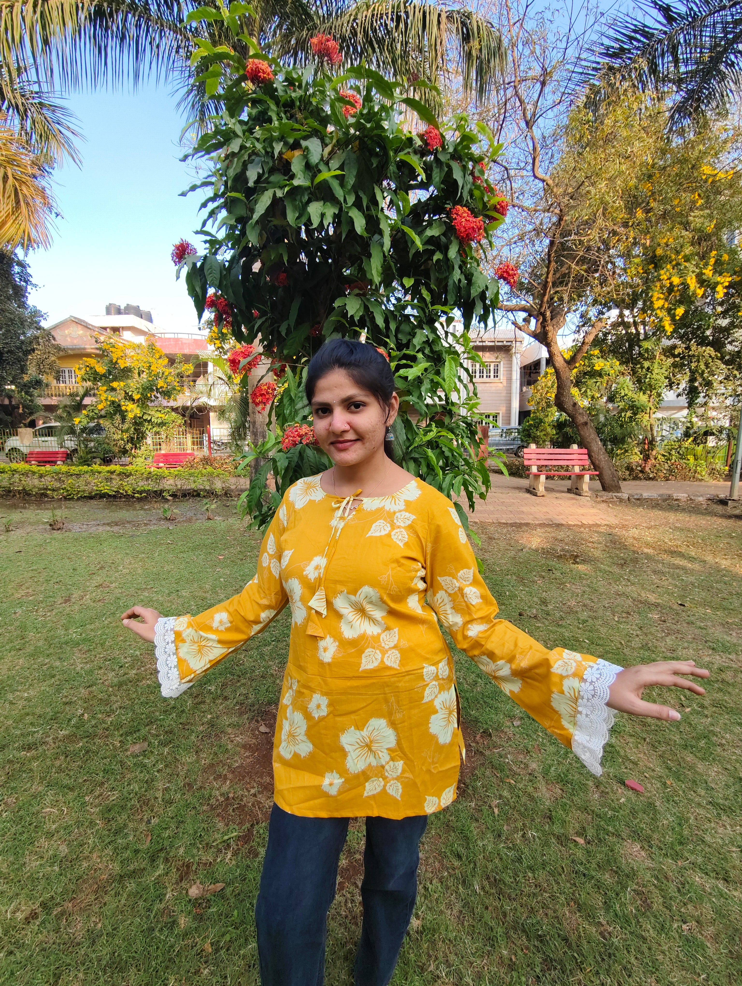 Mustard Yellow Floral Short Kurti