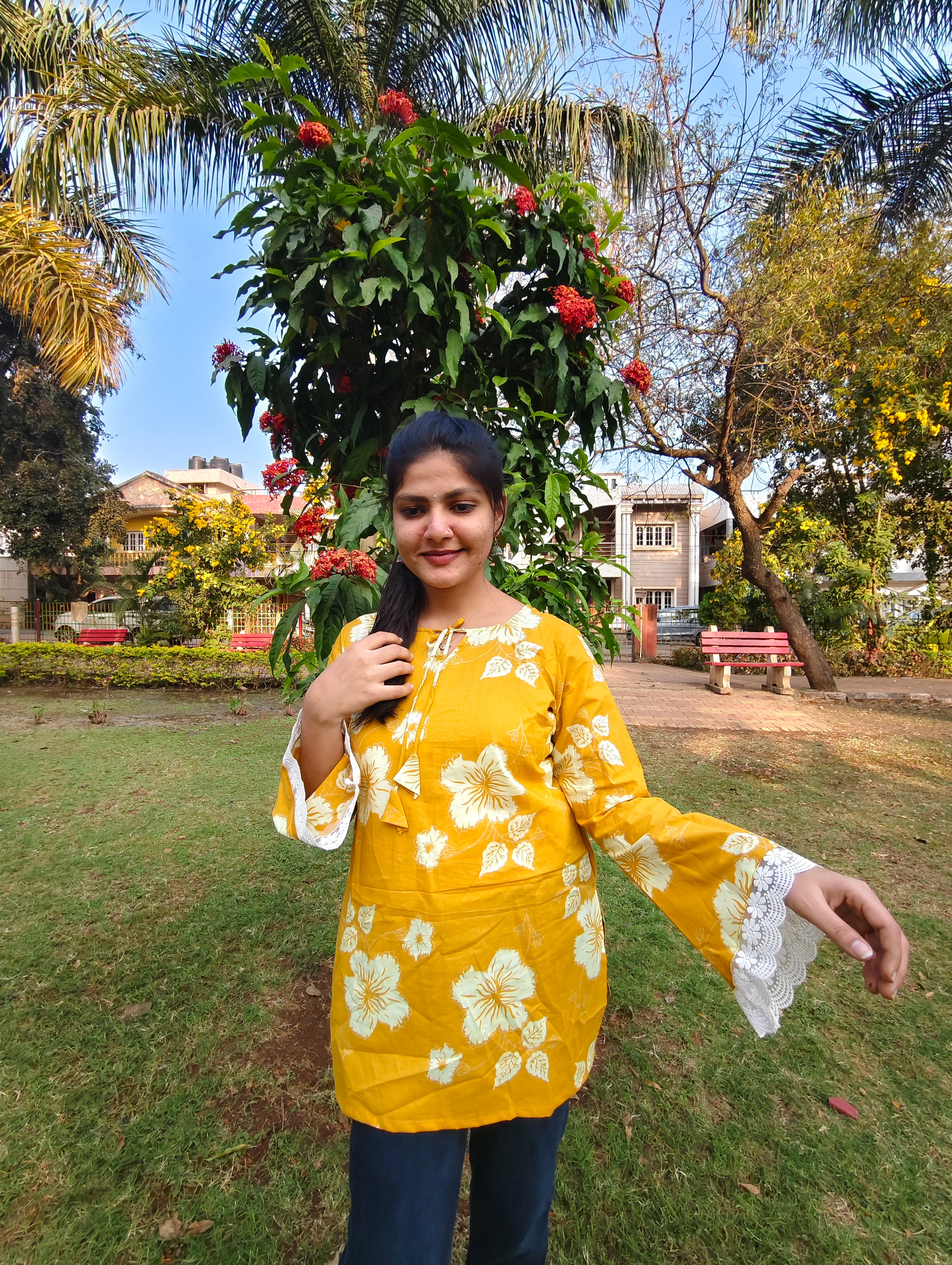 Mustard Yellow Floral Short Kurti