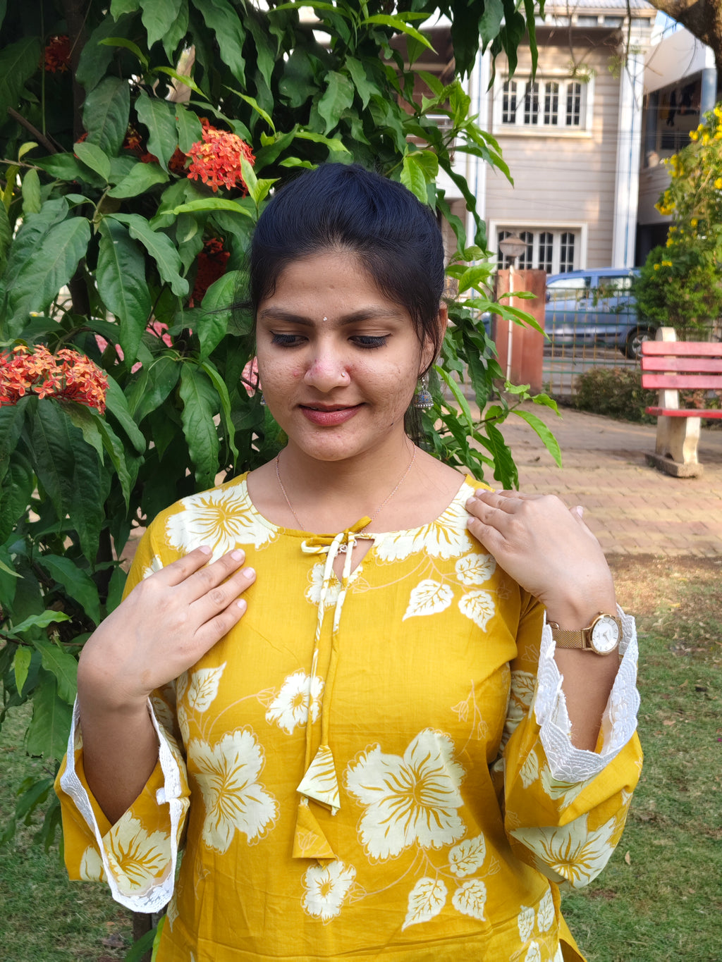 Mustard Yellow Floral Short Kurti