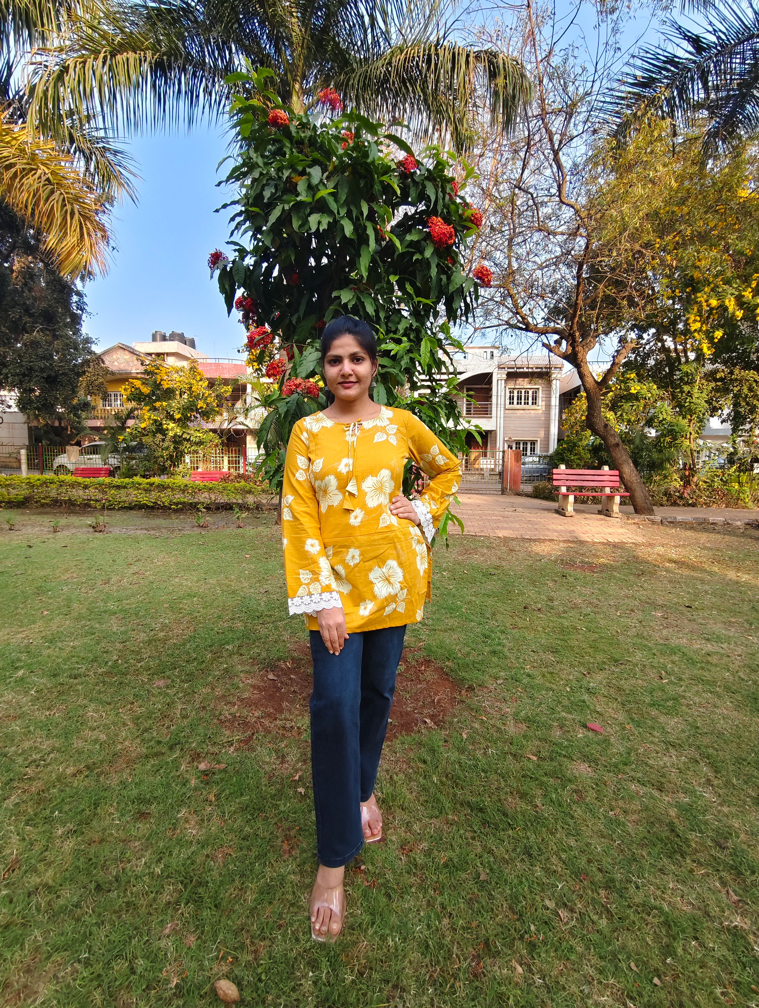 Mustard Yellow Floral Short Kurti