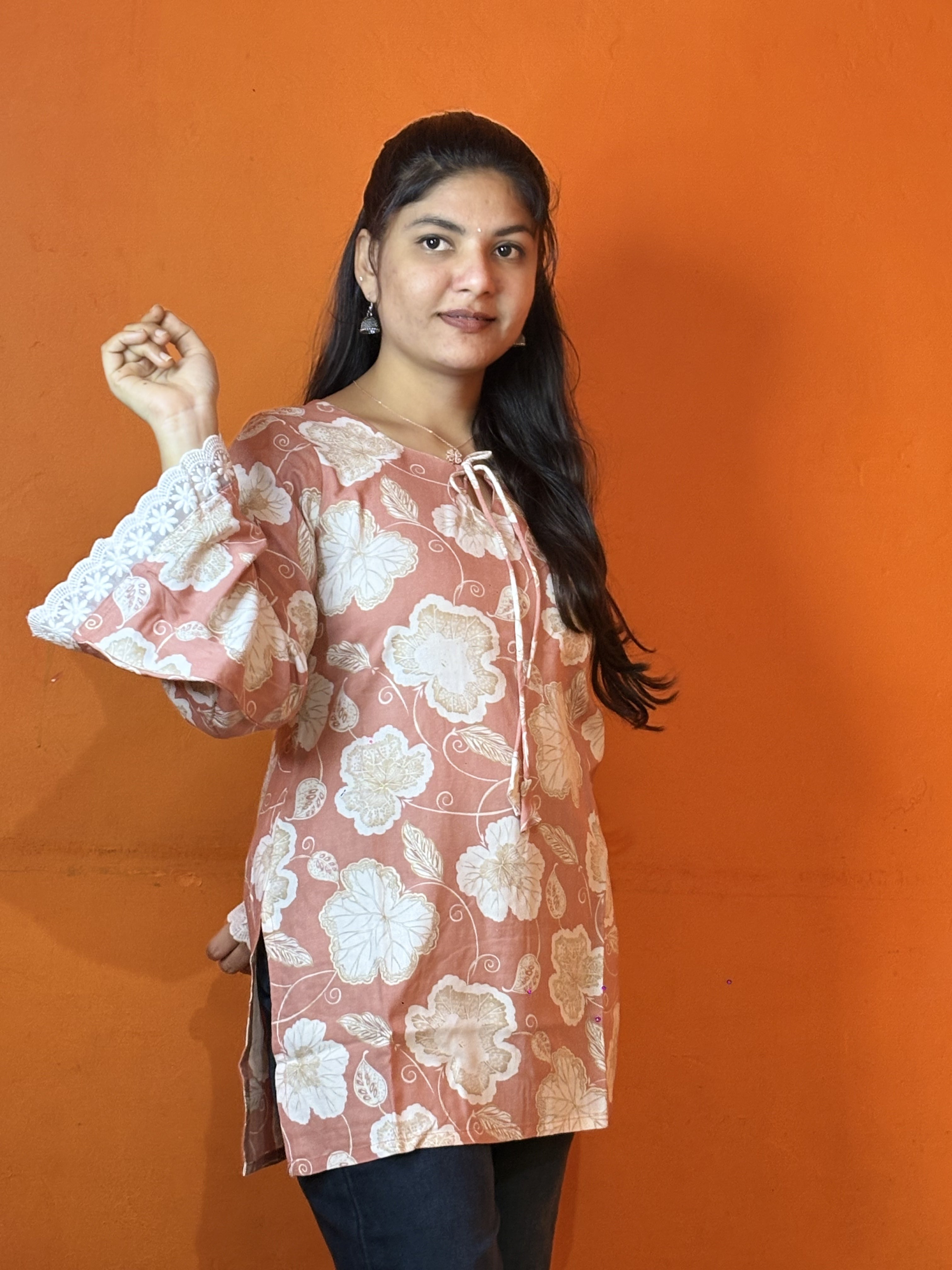 Light Pink Bell-Sleeves Short Kurti