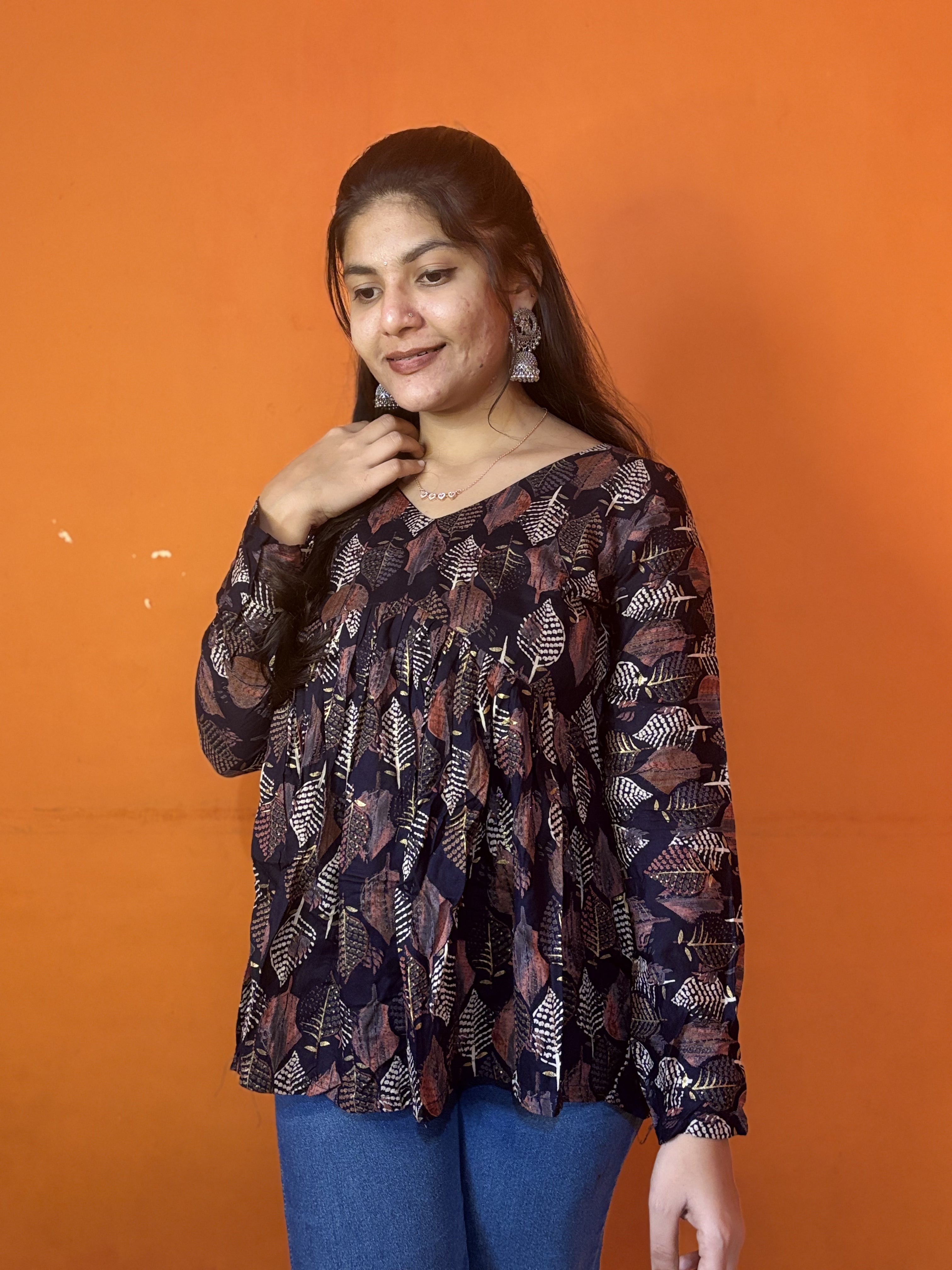 Navy Blue Leaf Print Peplum Short Kurti