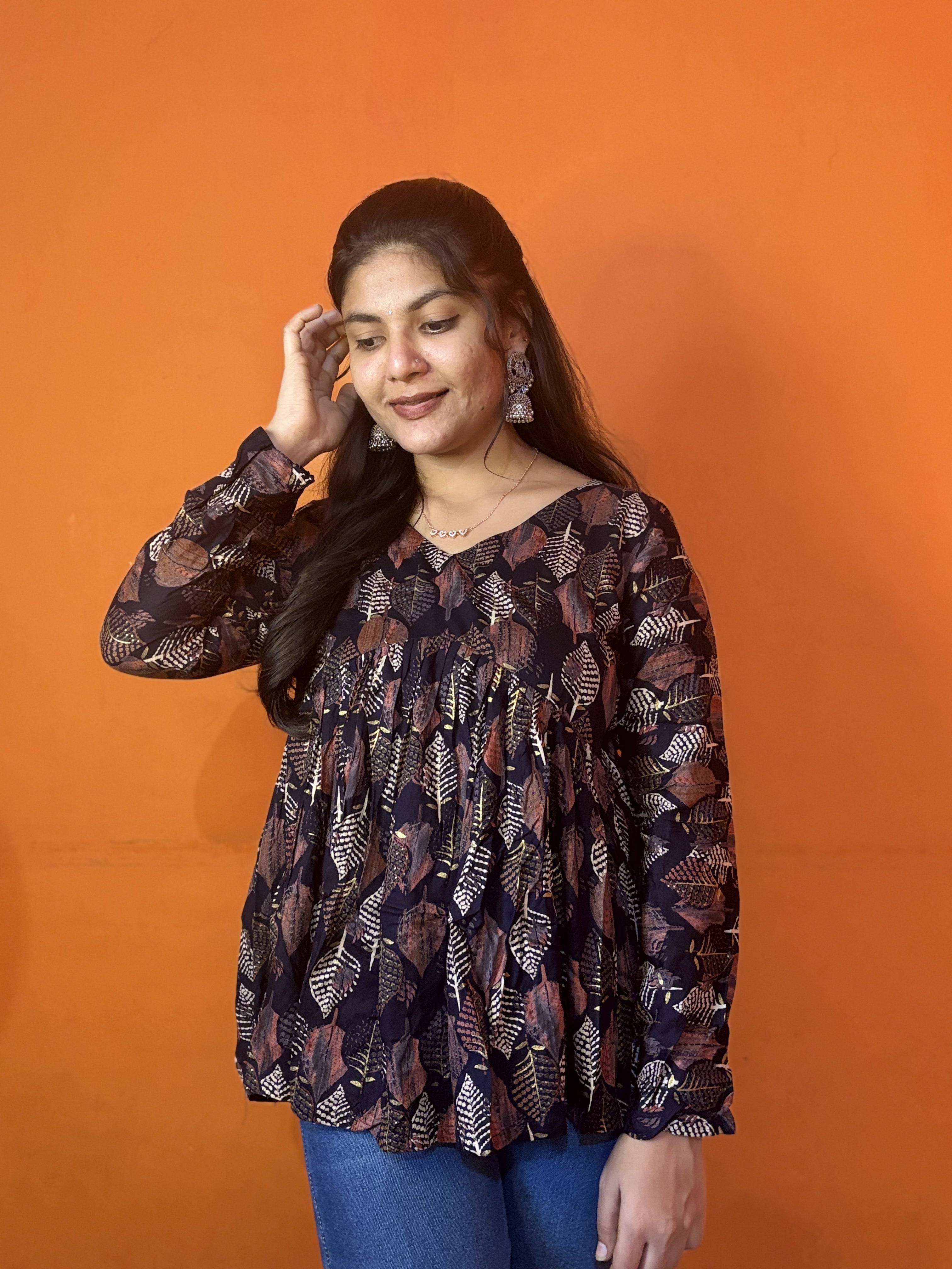 Navy Blue Leaf Print Peplum Short Kurti