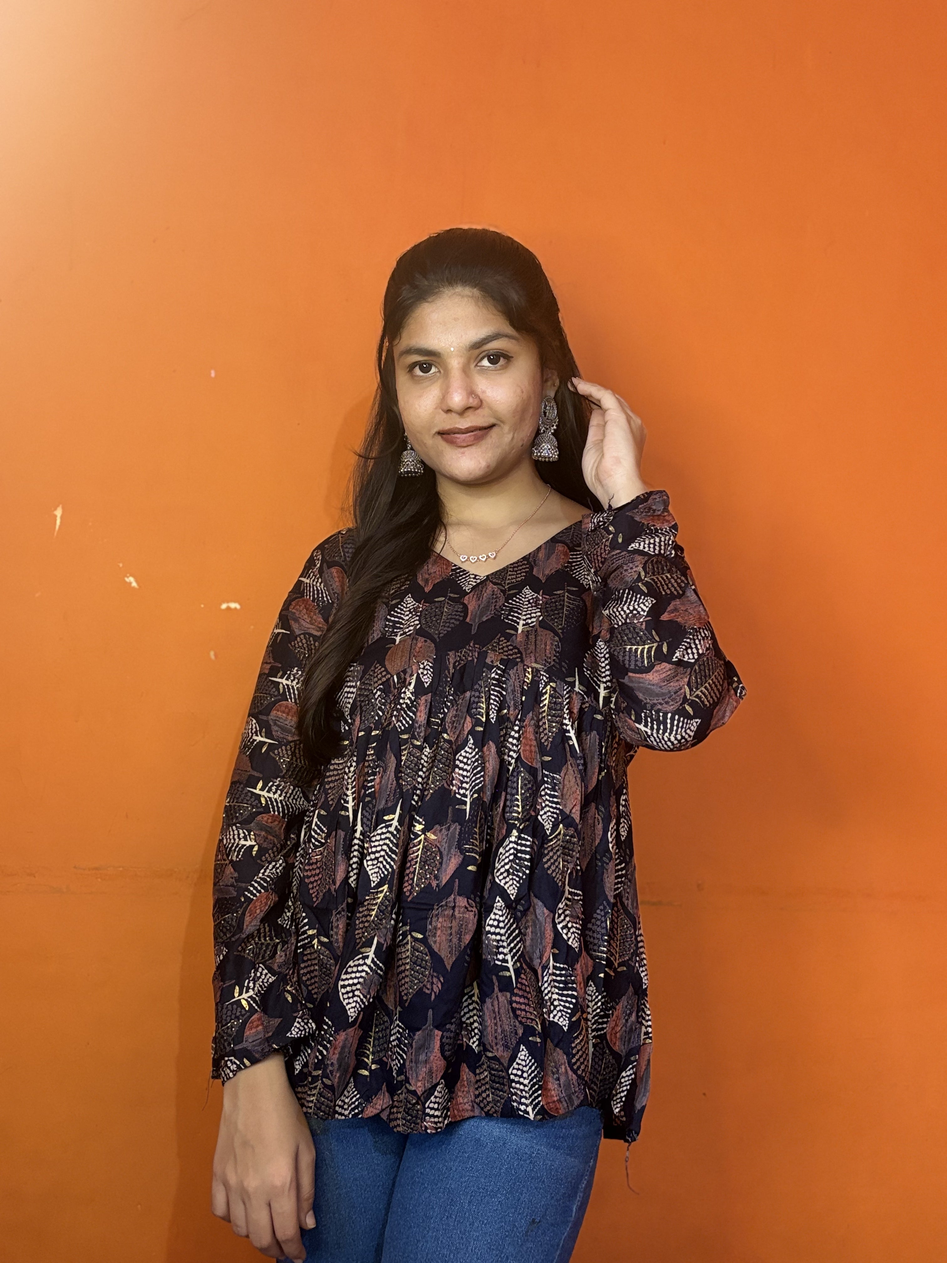 Navy Blue Leaf Print Peplum Short Kurti