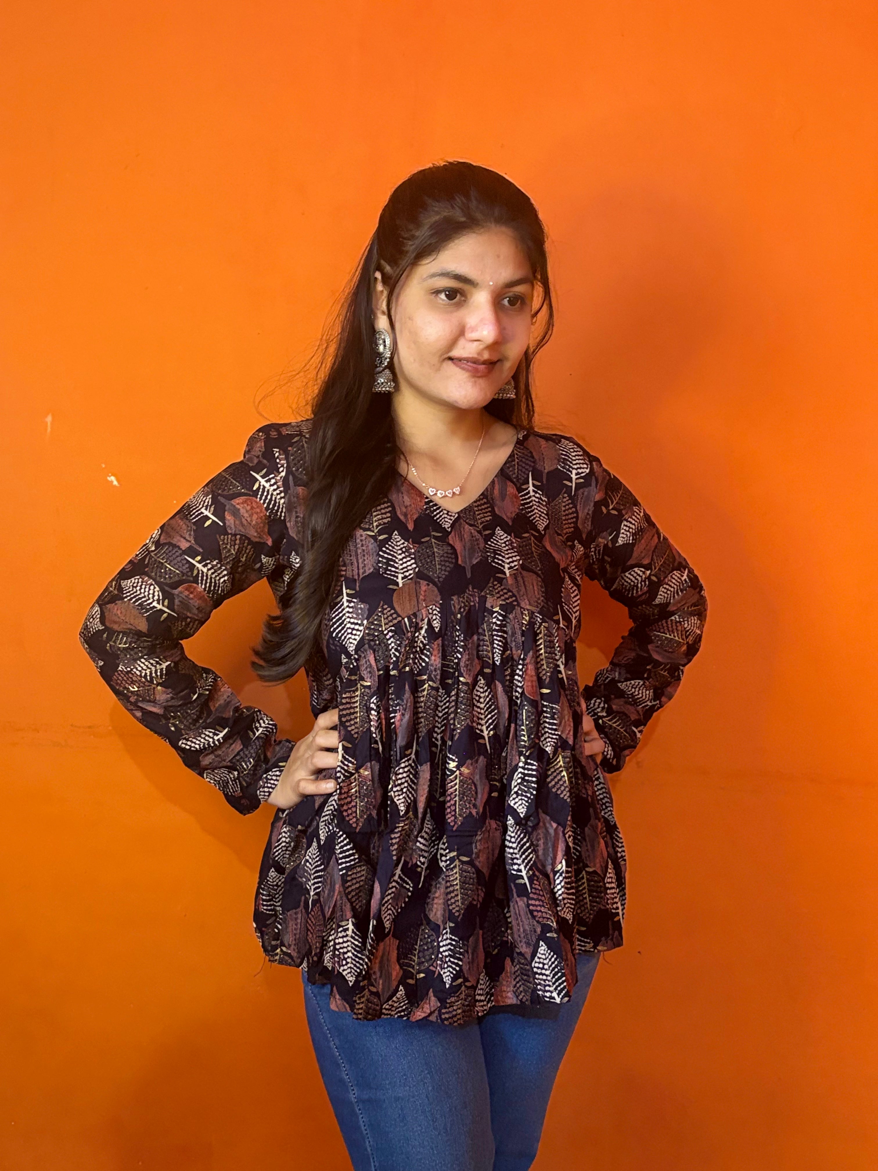 Navy Blue Leaf Print Peplum Short Kurti