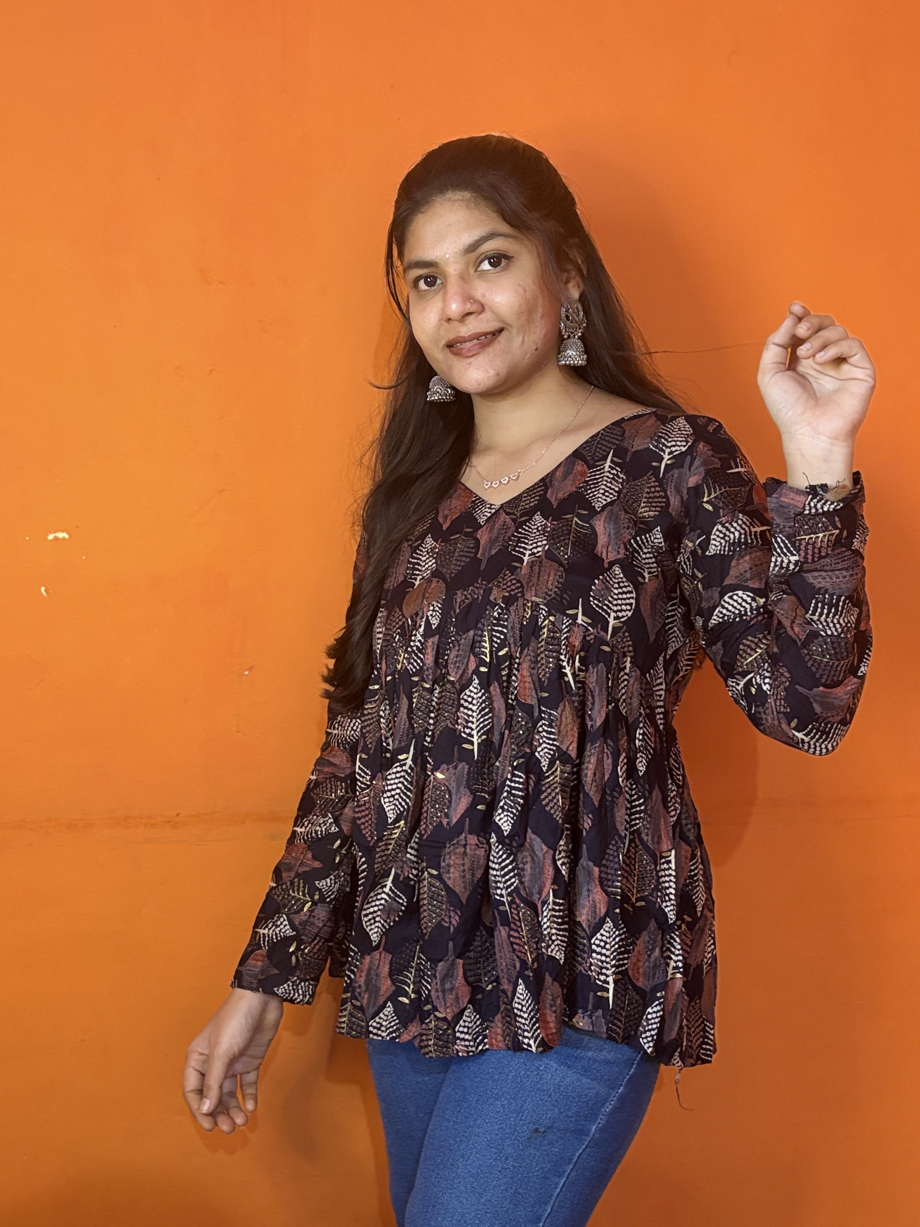 Navy Blue Leaf Print Peplum Short Kurti