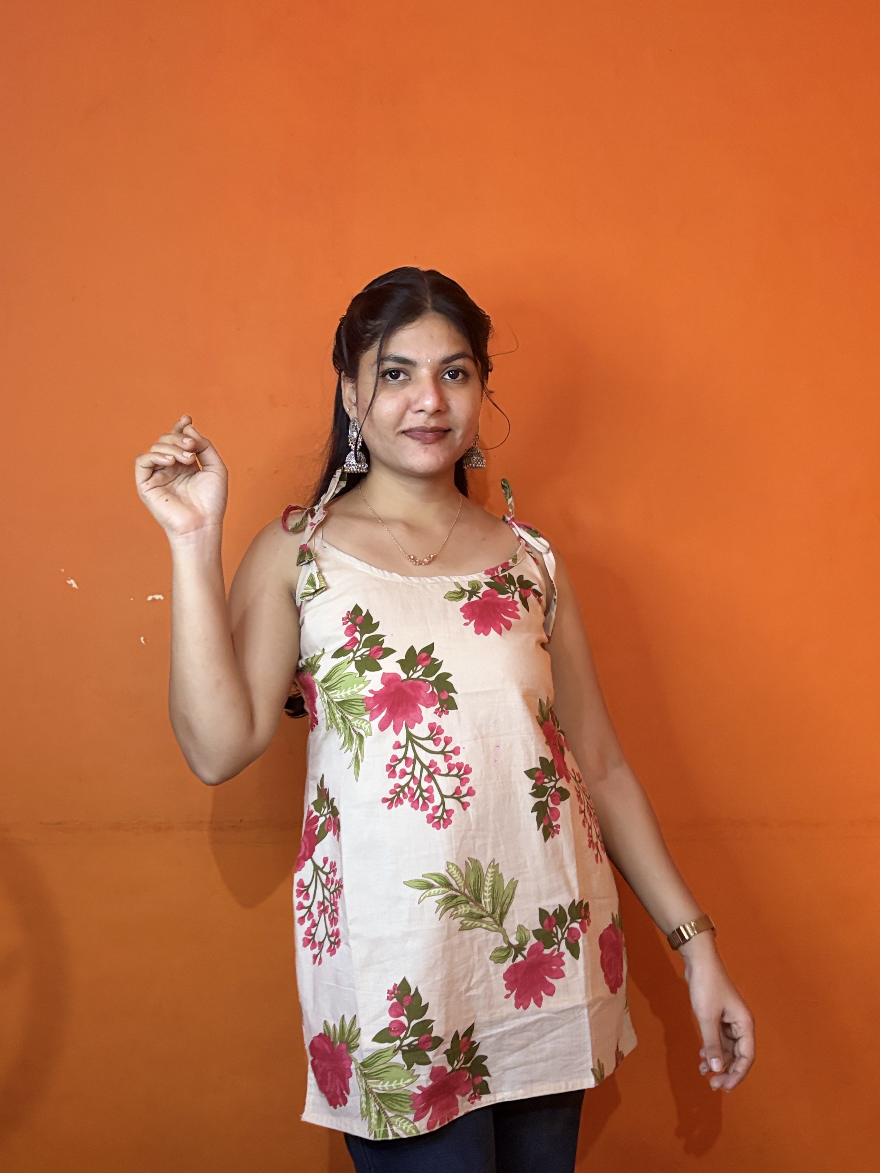 Floral Tie-Shoulder Short Kurti