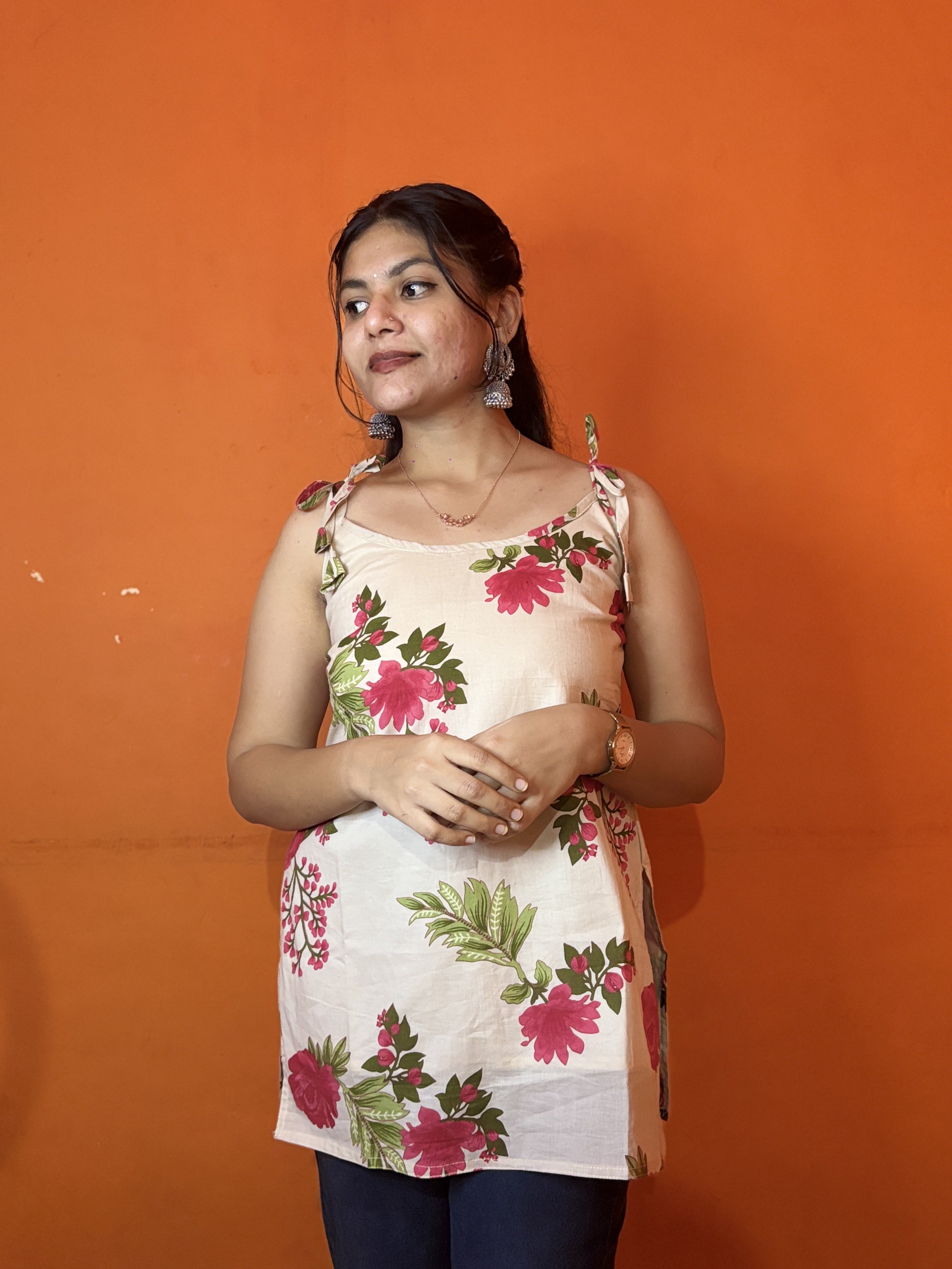 Floral Tie-Shoulder Short Kurti