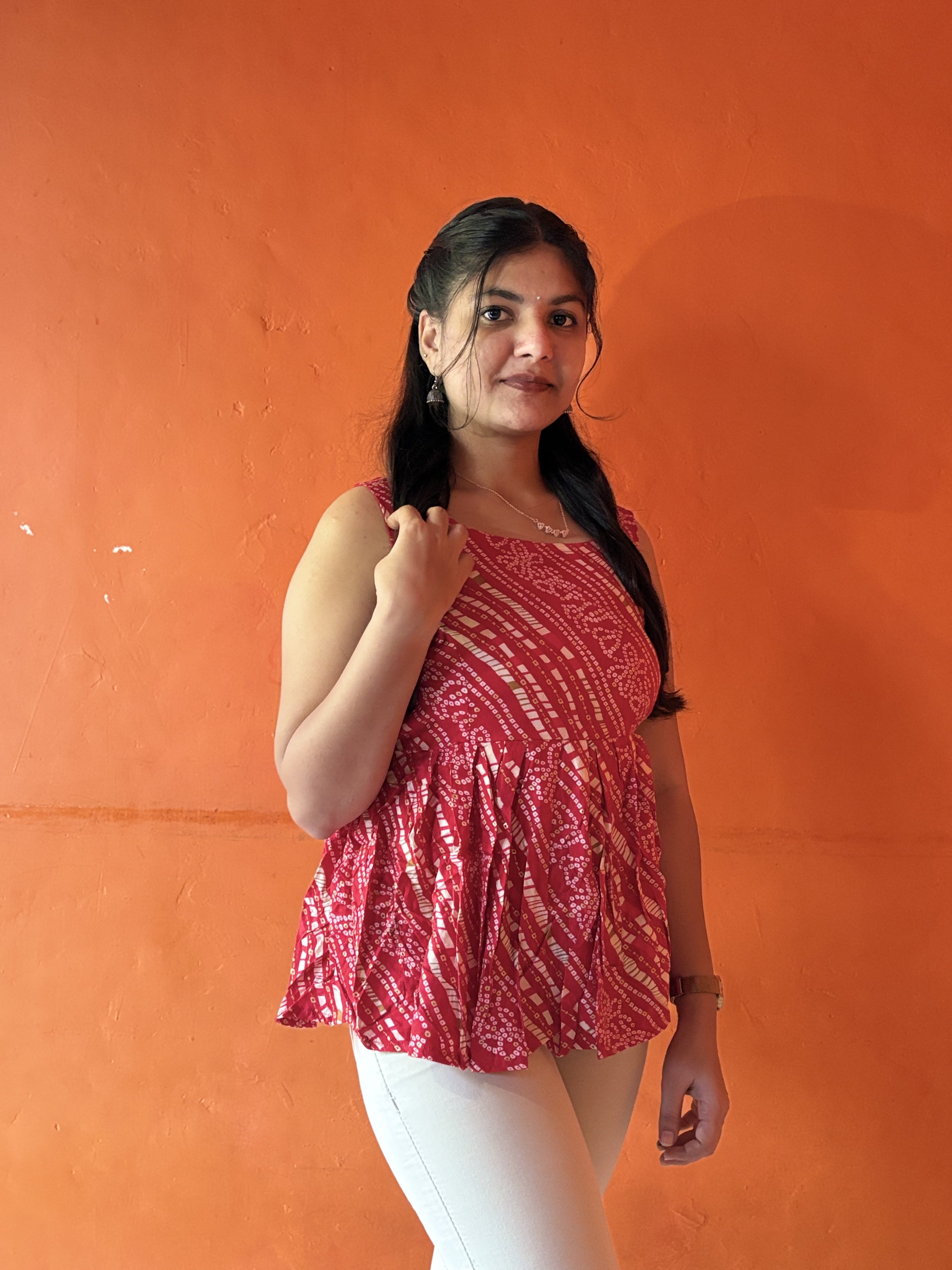 Rani Pink & Gold Floral Sleeveless Short Kurti